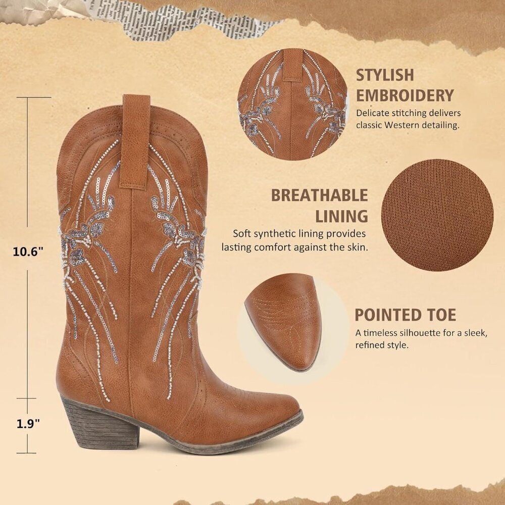 Women's Brown Mid Calf Western Pointed Toe Embroidered Chunky Heel Cowgirl Boots - Picture 4 of 6